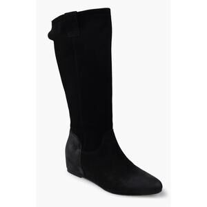 Zigi Brindle Hidden Wedge Boots 7 Black Suede NWOT Tall Knee High Academia Prep